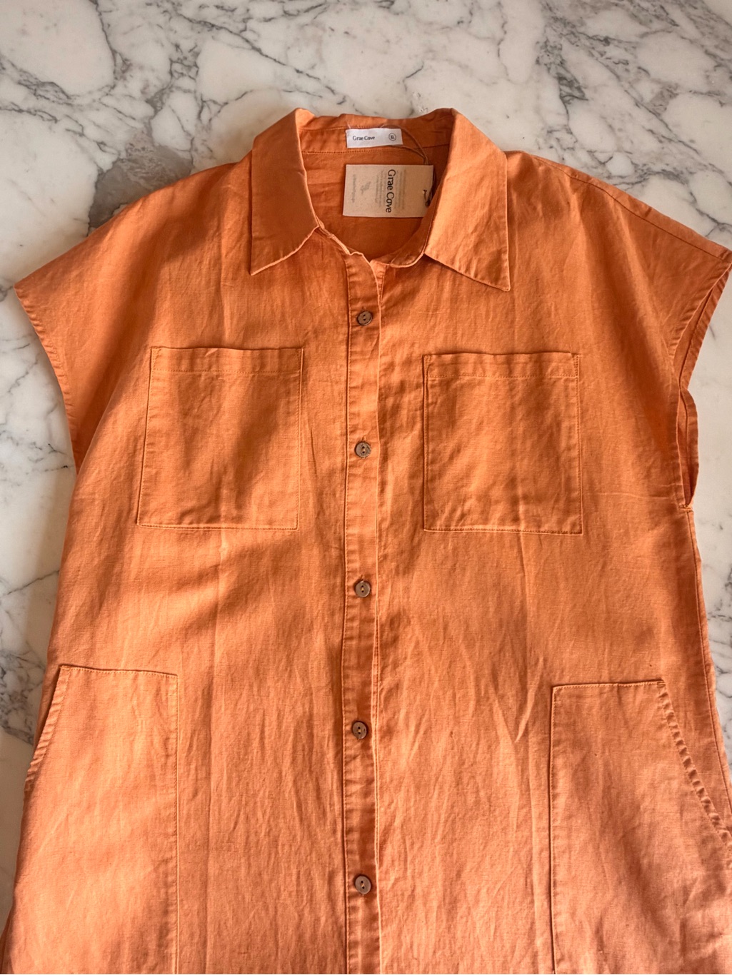 Nwt Grae Cove Blair Linen/Cotton Maxi Shirtdress Cap Sleeve Size Xl Melon Orange — image 8 of 8